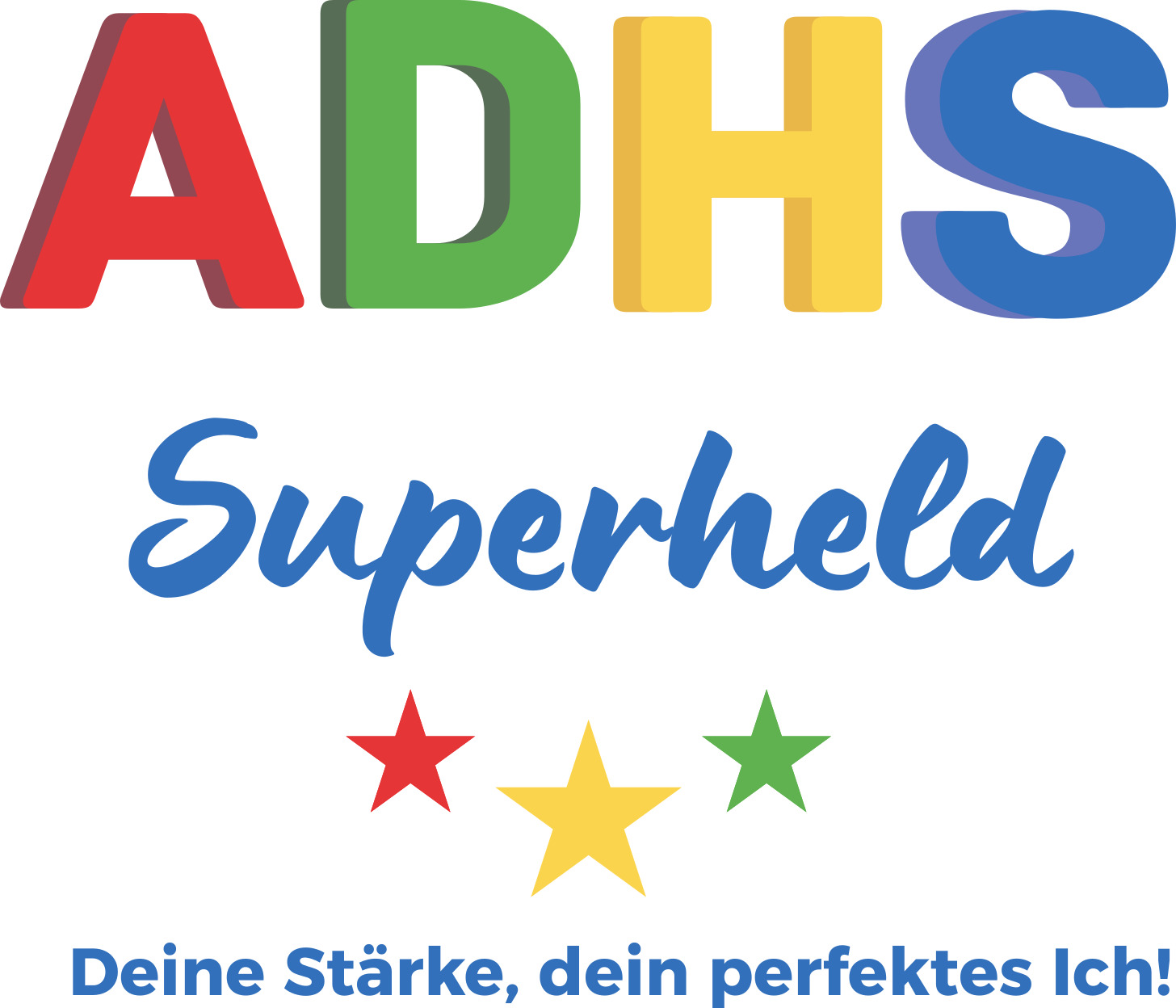 Logo mit dem Schriftzug „ADHS Superheld – Deine Stärke, dein perfektes Ich!“ in bunten Farben mit drei Sternen (rot, gelb, grün).
